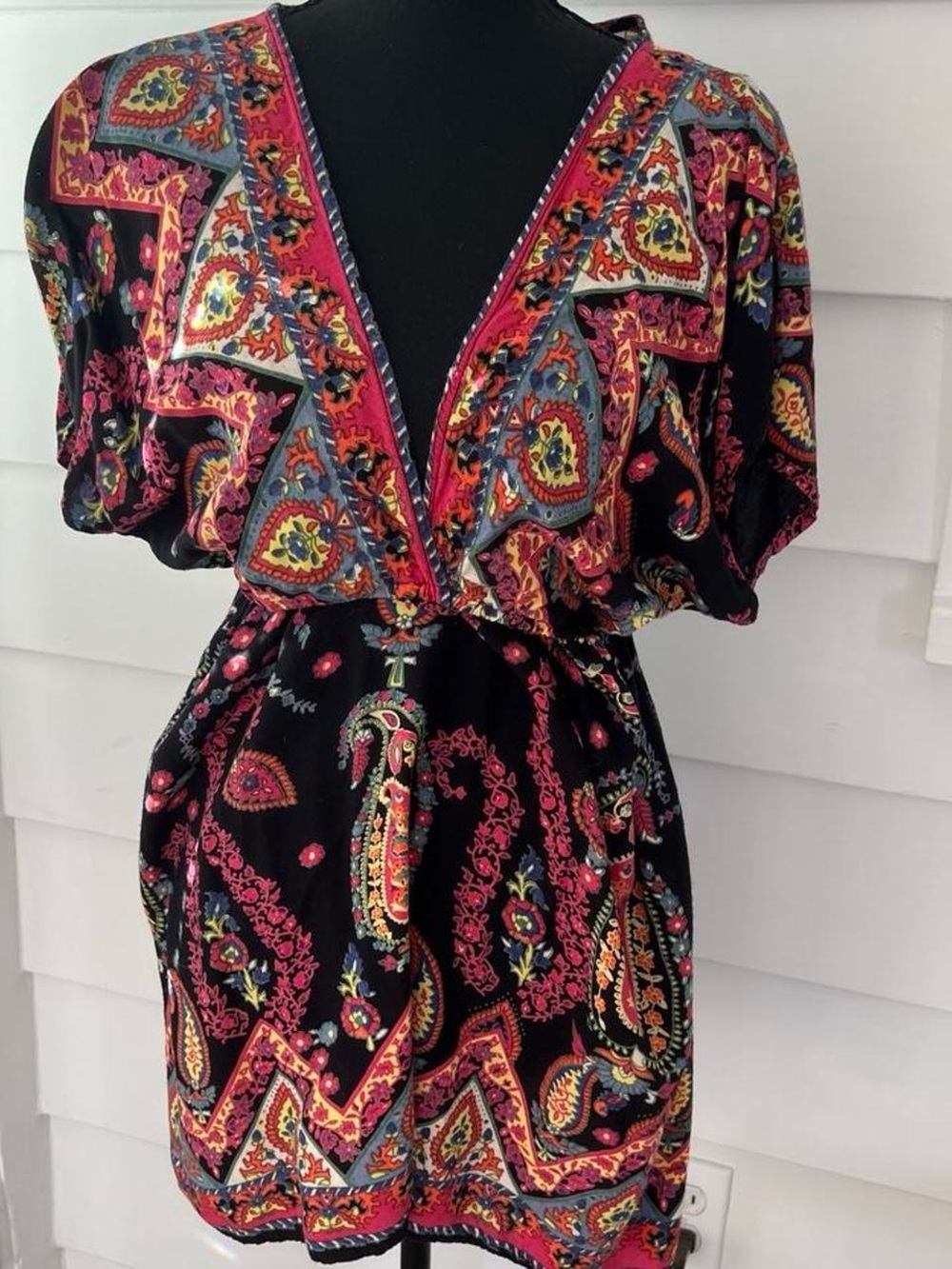 Y2K Boho Paisley V-Neck Babydoll Tunic Dress Top in Black & Pink